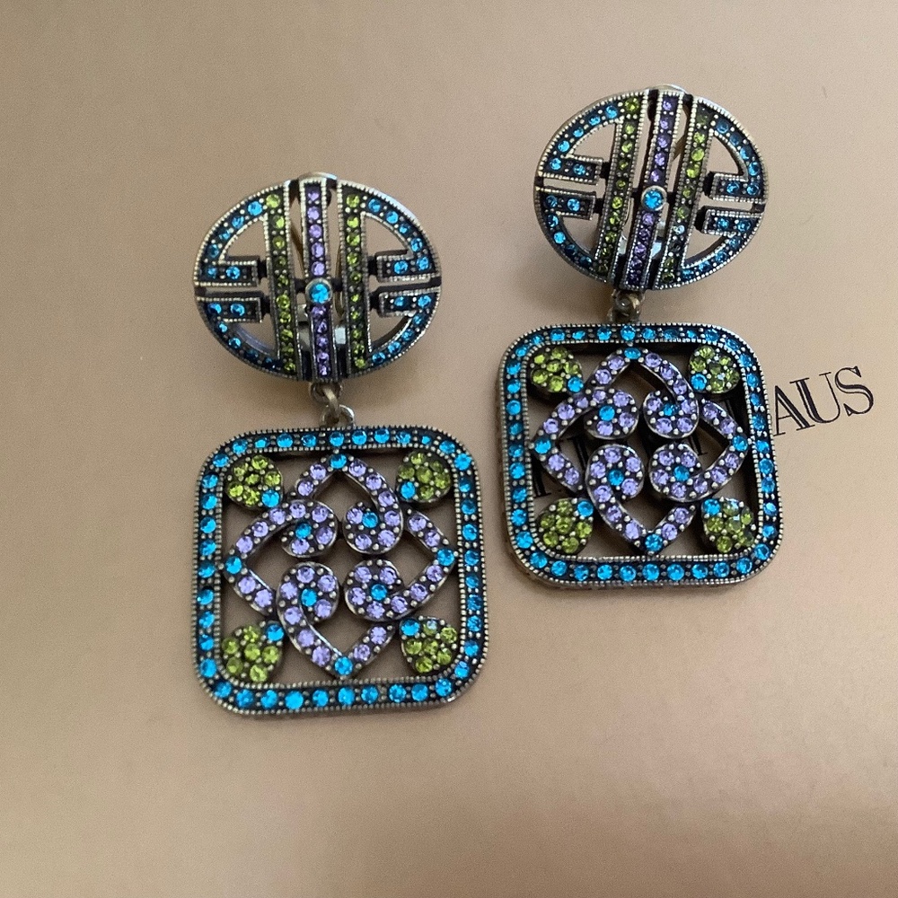 Heidi Daus Asian Artistry Crystal Deco Dangle Earrings Omega Backs